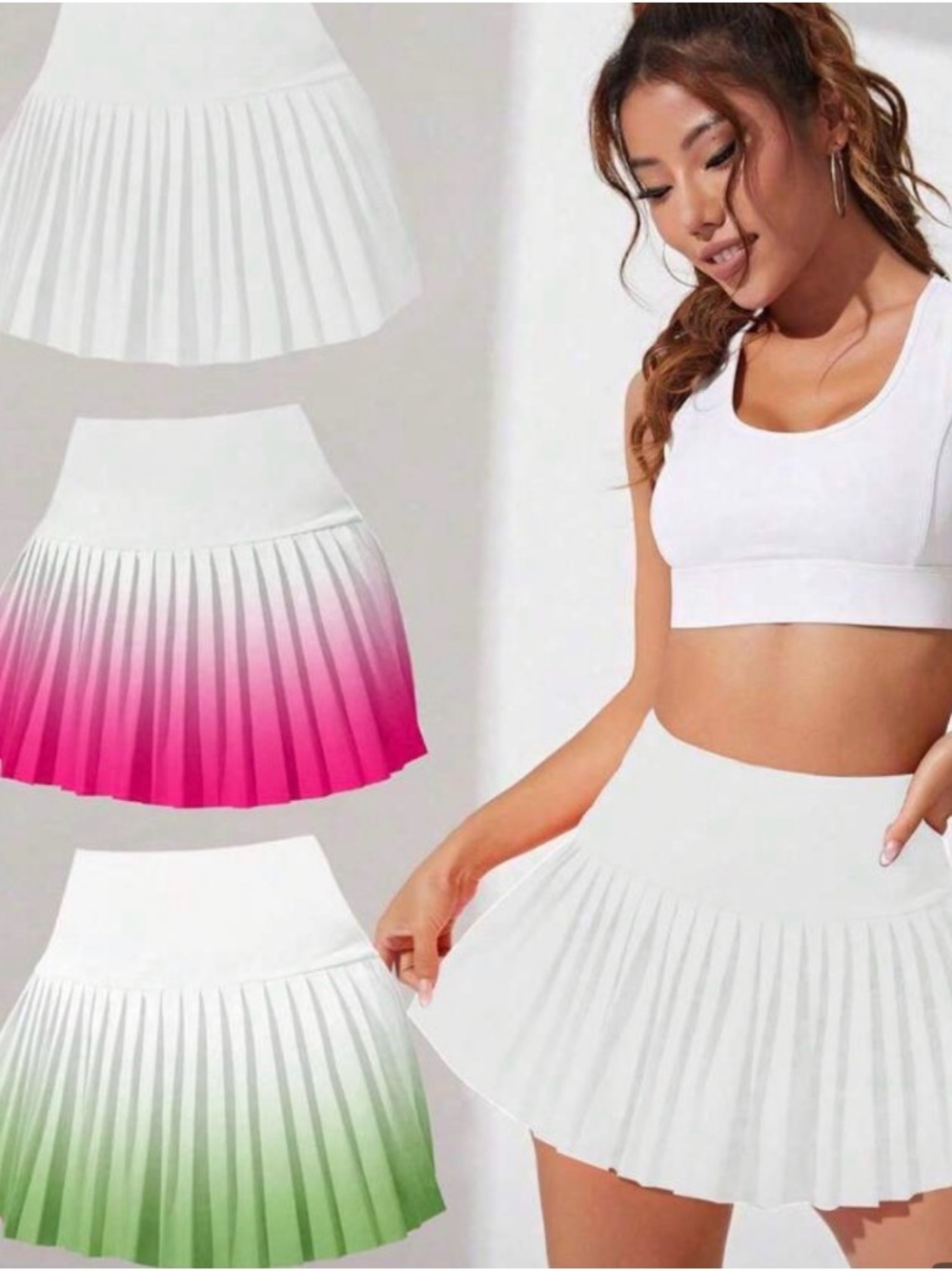 3-Piece Set White Pleated Skort Set w/ Pink and Green Ombre and All White.